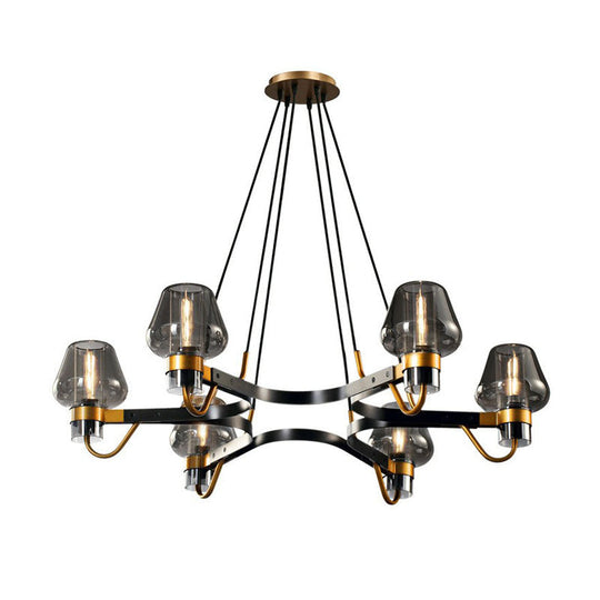 Postmodern Black-Brass Chandelier with Cone Glass Shade for Living Rooms