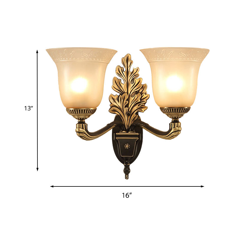 Rustic Frosted Glass Sconce: Bell Bedroom Light Fixture With Carved Black-Gold Wall Arm