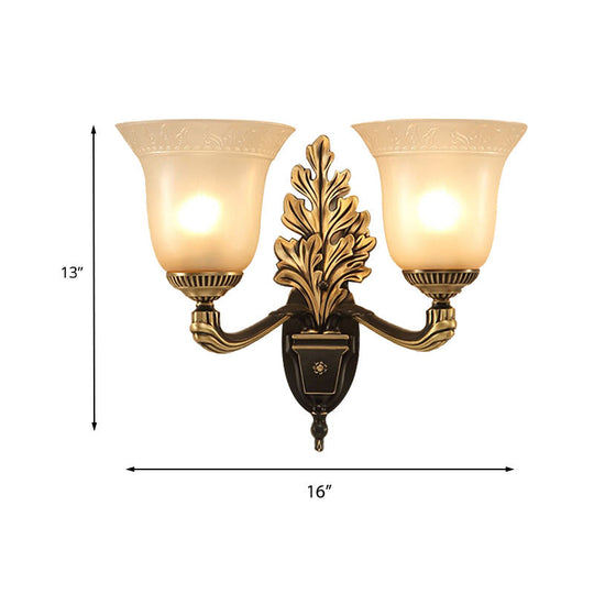 Rustic Frosted Glass Sconce: Bell Bedroom Light Fixture With Carved Black-Gold Wall Arm