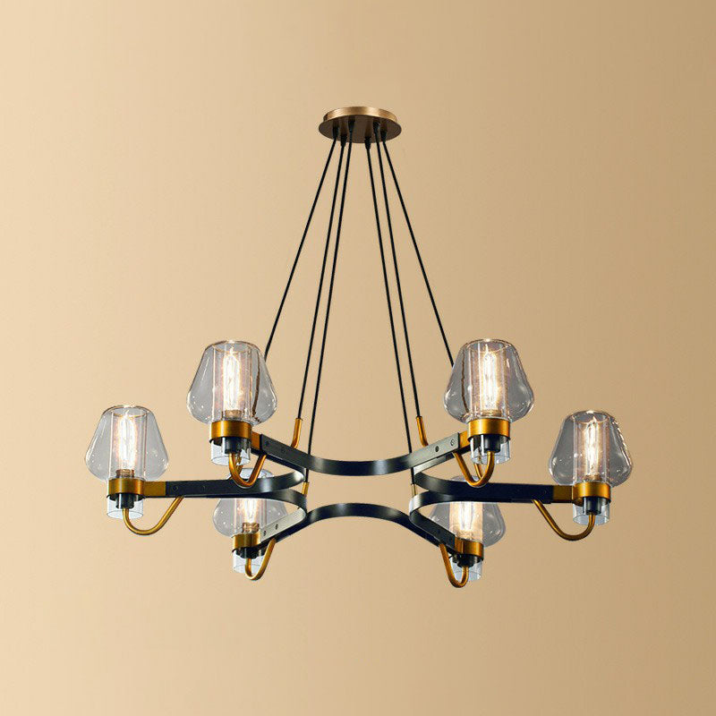 Postmodern Black-Brass Chandelier with Cone Glass Shade for Living Rooms