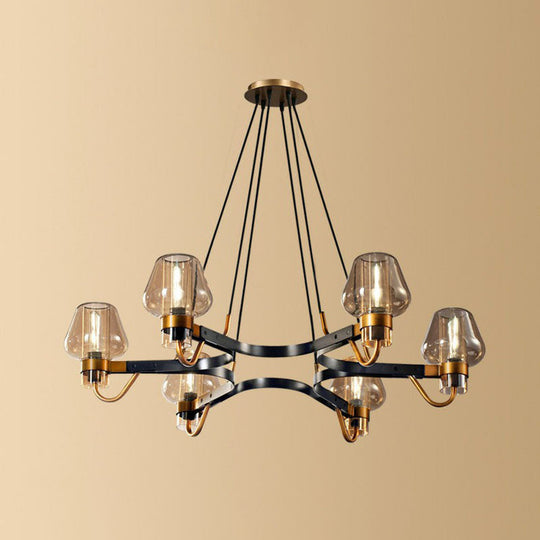 Postmodern Black-Brass Chandelier with Cone Glass Shade for Living Rooms