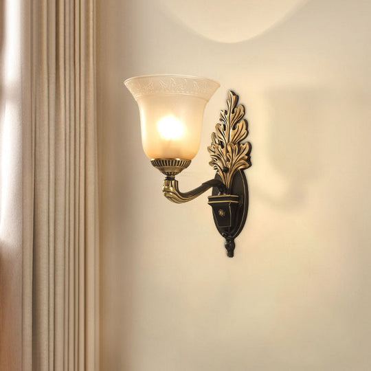 Rustic Frosted Glass Sconce: Bell Bedroom Light Fixture With Carved Black-Gold Wall Arm 1 /