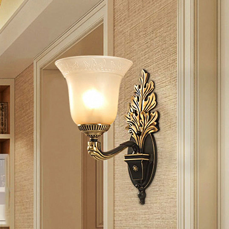 Rustic Frosted Glass Sconce: Bell Bedroom Light Fixture With Carved Black-Gold Wall Arm