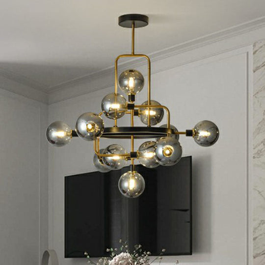 Modern Glass 3D Atomic Chandelier: 12-Bulb Black And Brass Suspension Light Fixture