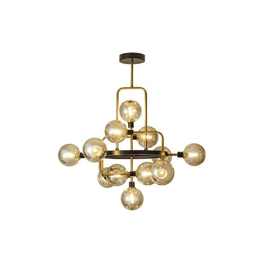 Modern Glass 3D Atomic Chandelier: 12-Bulb Black And Brass Suspension Light Fixture Amber