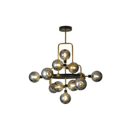 Modern Glass 3D Atomic Chandelier: 12-Bulb Black And Brass Suspension Light Fixture Smoke Gray