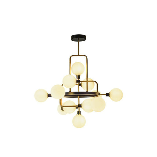 Modern Glass 3D Atomic Chandelier: 12-Bulb Black And Brass Suspension Light Fixture White