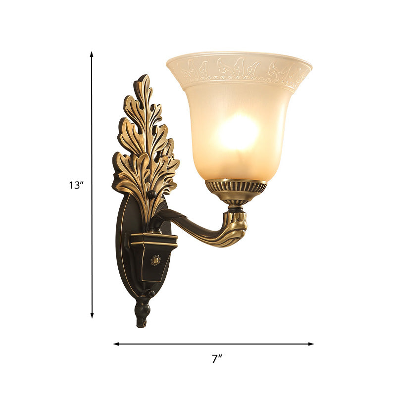 Rustic Frosted Glass Sconce: Bell Bedroom Light Fixture With Carved Black-Gold Wall Arm