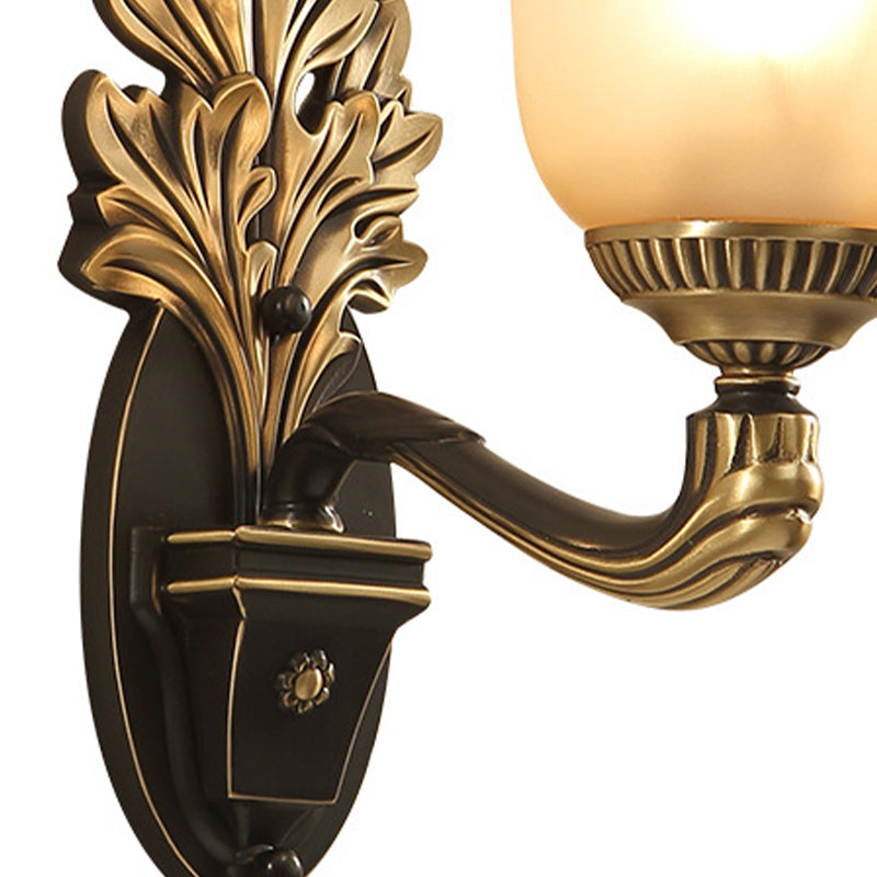 Rustic Frosted Glass Sconce: Bell Bedroom Light Fixture With Carved Black-Gold Wall Arm