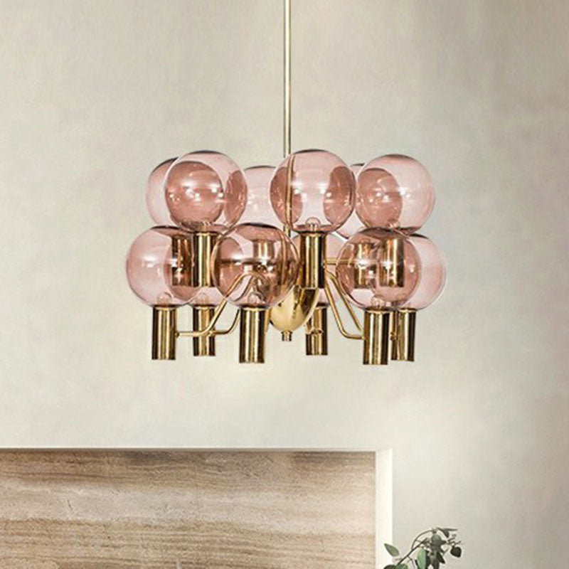 12-Light Postmodern Chandelier: Brass Plated Glass Shade Ceiling Hang Lamp