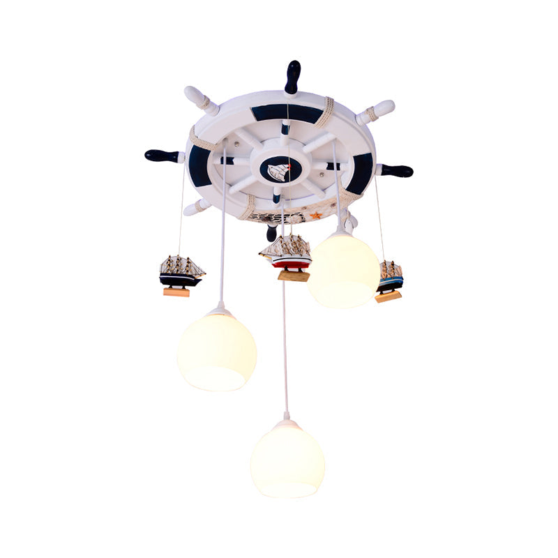 Cartoon Cream Glass Globe Flush Ceiling Light 3 Bulb Child Room Led Mount With Rudder Decor