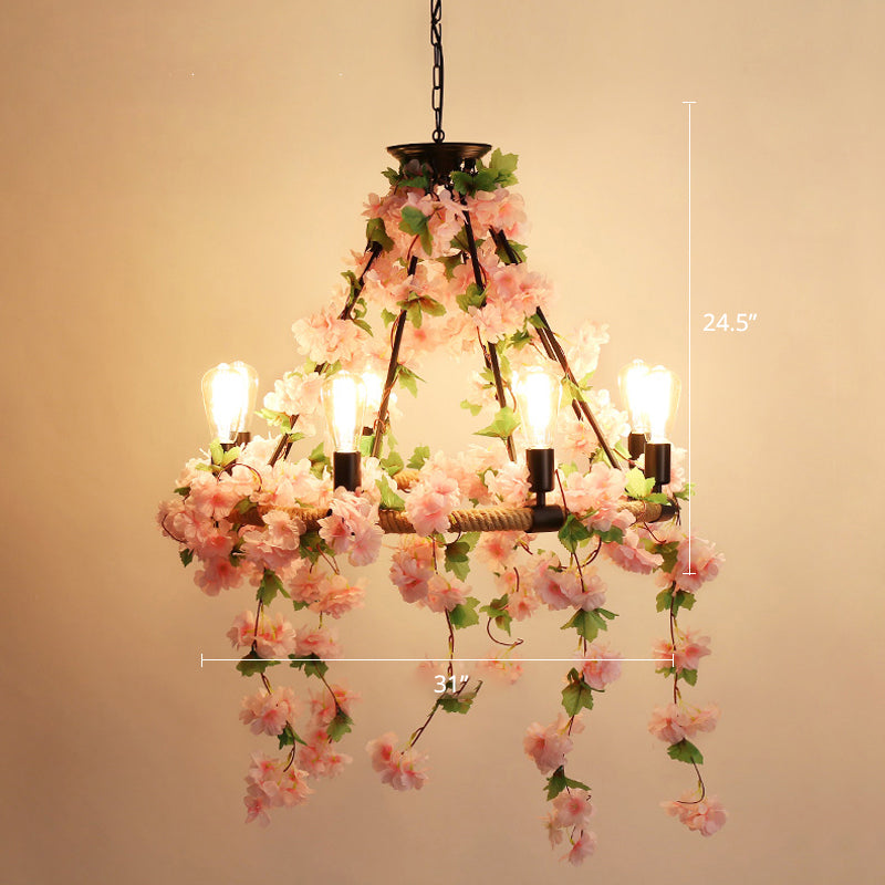 Wagon Wheel Farmhouse Metal Chandelier With Plant Accents - Dining Room Hanging Light 8 / Pink