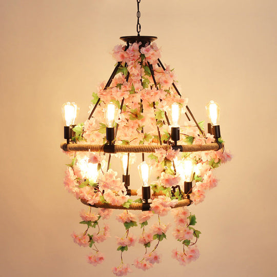 Farmhouse Wagon Wheel Chandelier with Plant Decor for Dining Room