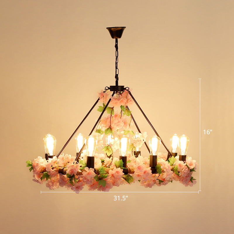 Wagon Wheel Farmhouse Metal Chandelier With Plant Accents - Dining Room Hanging Light 10 / Pink