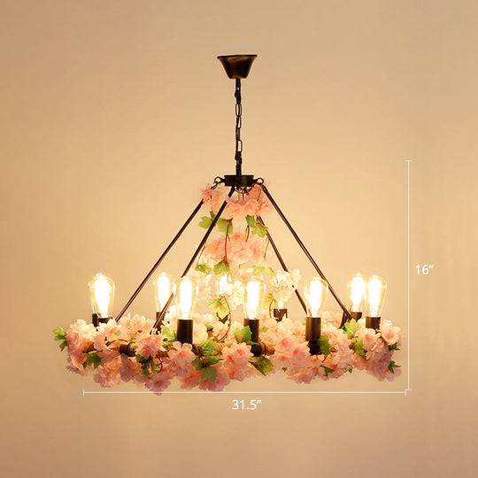 Wagon Wheel Farmhouse Metal Chandelier With Plant Accents - Dining Room Hanging Light 10 / Pink