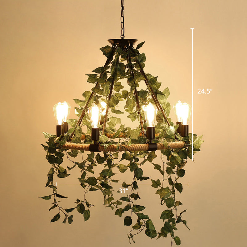 Farmhouse Wagon Wheel Chandelier with Plant Decor for Dining Room