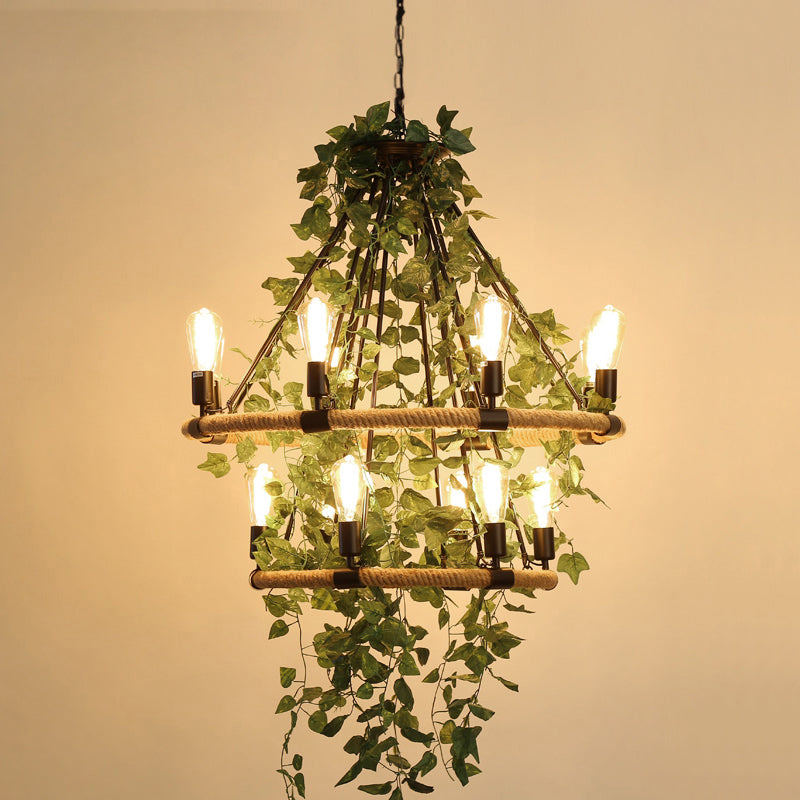 Wagon Wheel Farmhouse Metal Chandelier With Plant Accents - Dining Room Hanging Light