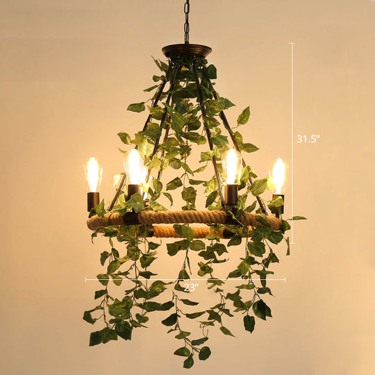 Wagon Wheel Farmhouse Metal Chandelier With Plant Accents - Dining Room Hanging Light 6 / Green