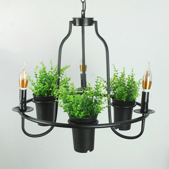 Industrial Metal Chandelier with Green Artificial Pot Plant Pendant Lights & 3 Bulbs for Restaurants