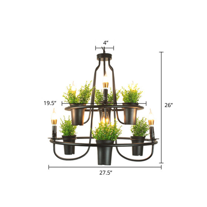 Industrial Metal Chandelier with Green Artificial Pot Plant Pendant Lights & 3 Bulbs for Restaurants