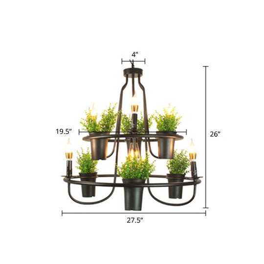 Industrial Metal Chandelier with Green Artificial Pot Plant Pendant Lights & 3 Bulbs for Restaurants