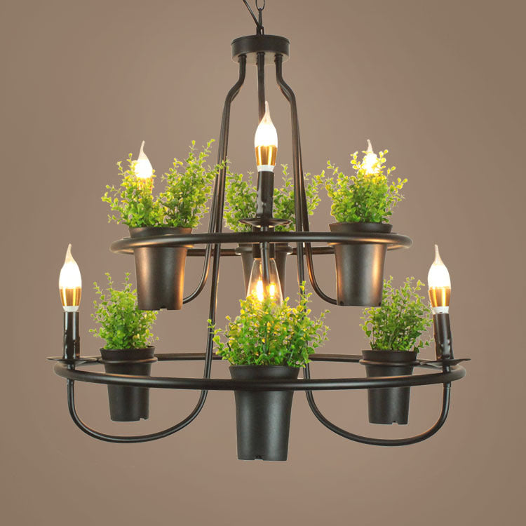 Industrial Metal Chandelier With Green Artificial Plant And 3 Bulbs For Restaurants