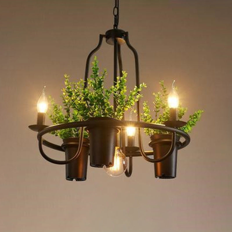 Country Metallic 4-Light Green Pendant Chandelier with Leaf Decoration - Circle Dining Room Light