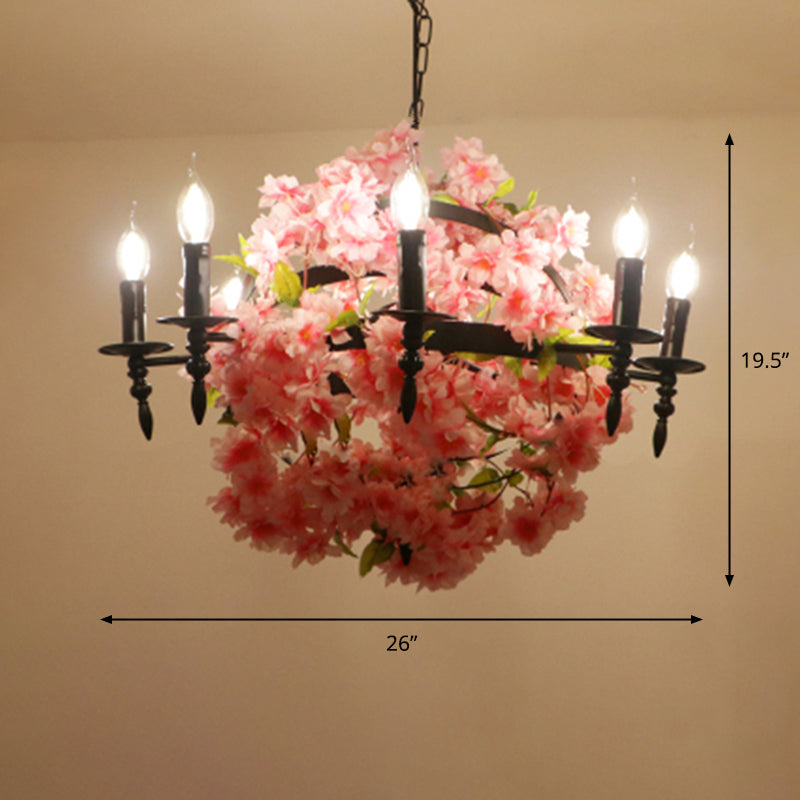 Pink Cherry Blossom Farmhouse Chandelier - Metal Dining Room Suspension Light Fixture