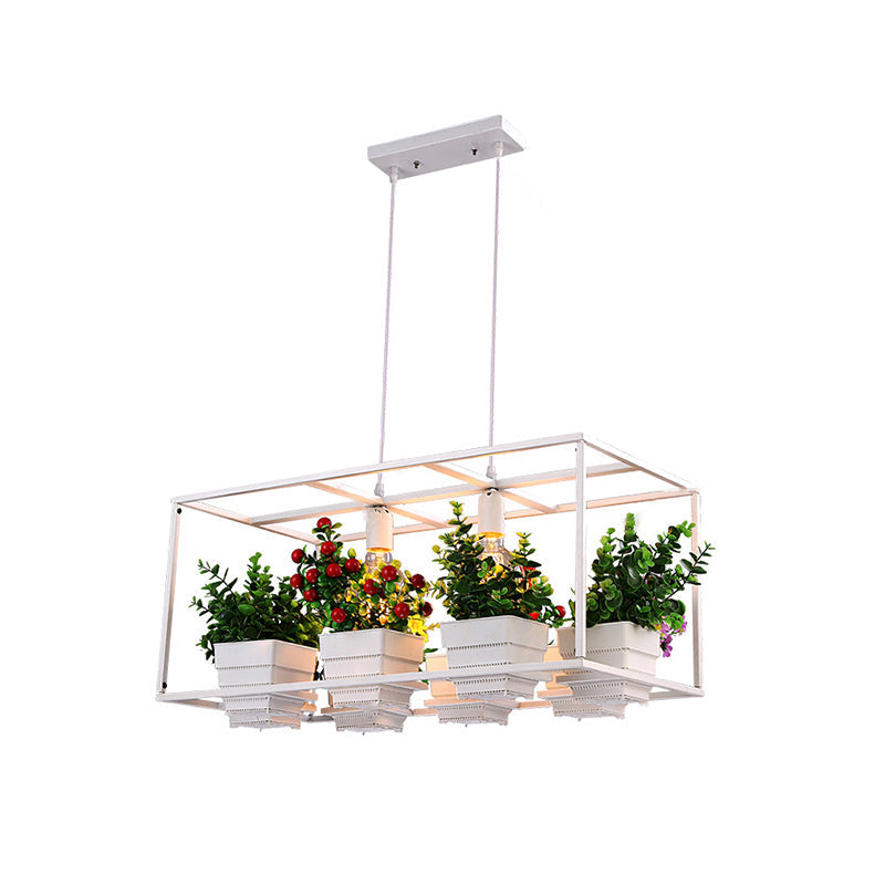 Metal 2-Head Rectangle Pendant Light Fixture For Restaurants With Hanging Artificial Bonsai