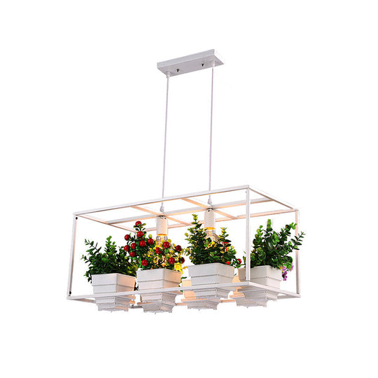 Metal 2-Head Rectangle Pendant Light Fixture For Restaurants With Hanging Artificial Bonsai