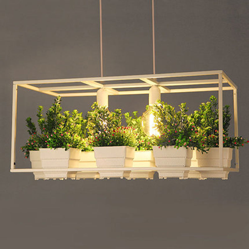 Metal 2-Head Rectangle Pendant Light Fixture For Restaurants With Hanging Artificial Bonsai