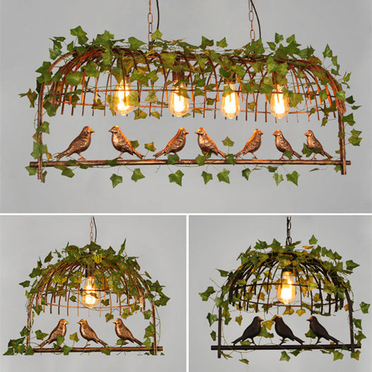 Rustic Island Ceiling Light With Cast Iron Birdcage Fixture Bird & Leaf Deco