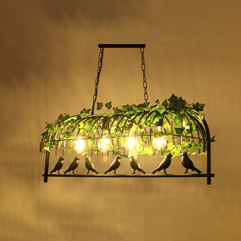 Rustic Island Ceiling Light With Cast Iron Birdcage Fixture Bird & Leaf Deco