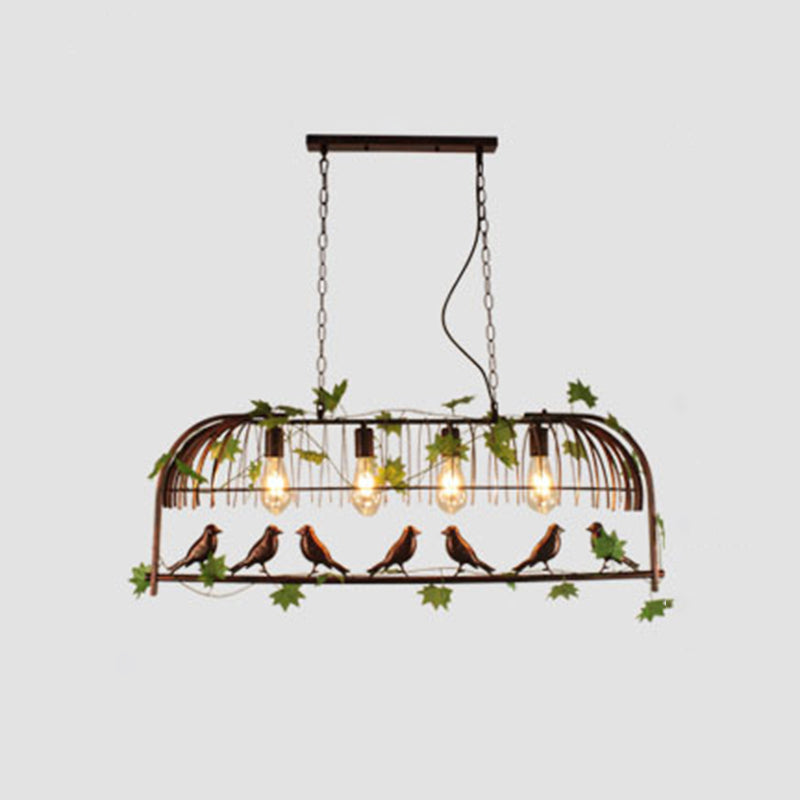 Birdcage Pendant Light - Rustic Wrought Iron Island Lamp With Vine And Bird Deco For Dining Room