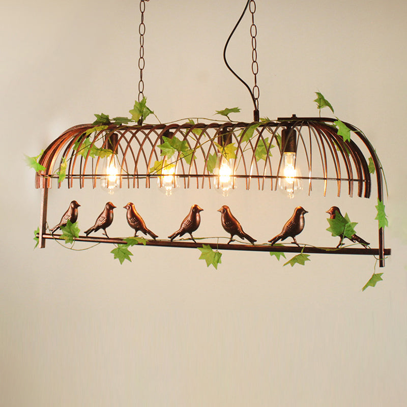 Birdcage Pendant Light - Rustic Wrought Iron Island Lamp With Vine And Bird Deco For Dining Room