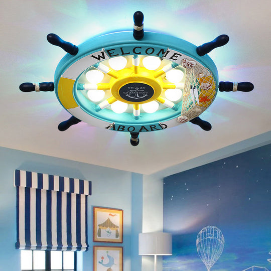 Rudder Kids Room LED Flush Mount Ceiling Light - Wooden 8 Heads, Mediterranean Design