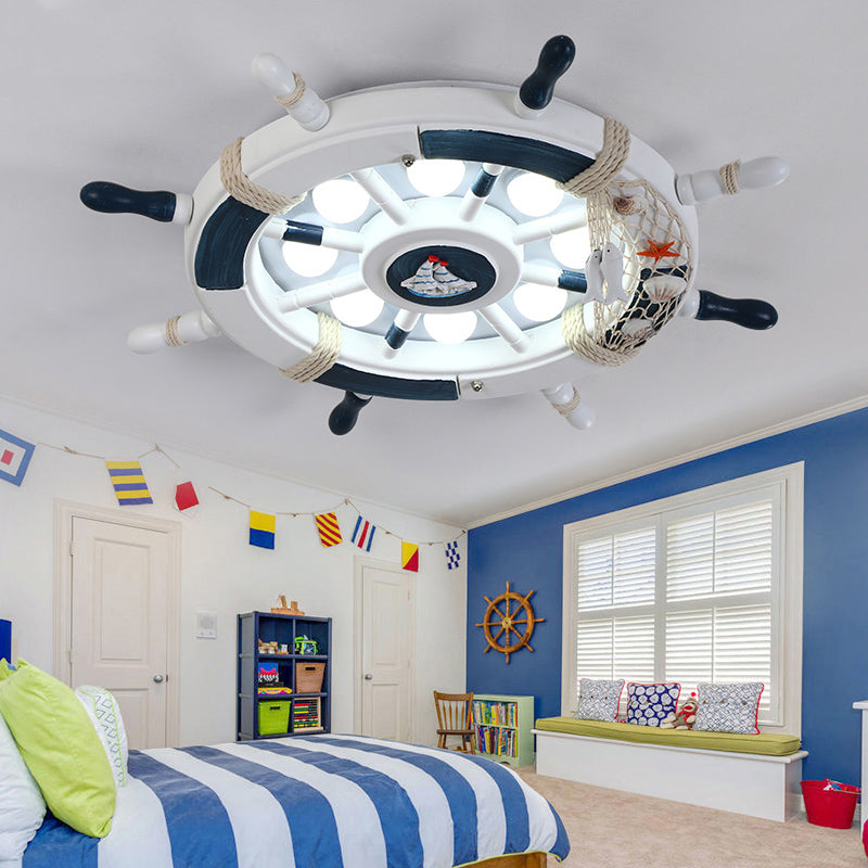 Rudder Kids Room LED Flush Mount Ceiling Light - Wooden 8 Heads, Mediterranean Design