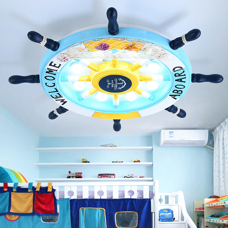 Kids Style 8-Bulb LED Flush Ceiling Light - Rudder Wooden Flushmount with Fishnet Deco