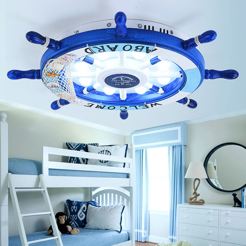 Kids Style 8-Bulb LED Flush Ceiling Light - Rudder Wooden Flushmount with Fishnet Deco