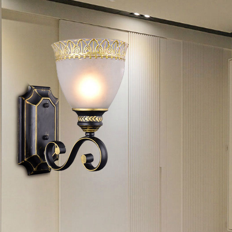 Traditional Black Bowl Wall Sconce With White Glass Shade - 1-Light Bedroom Light Fixture