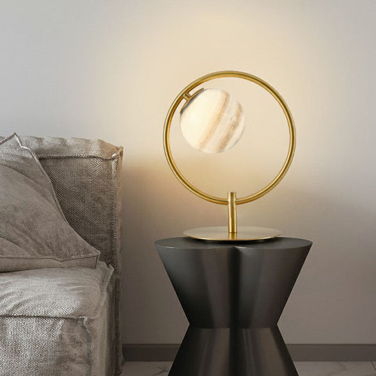 Gold Plated Opaline Glass Ball Table Lamp - Sleek Bedroom Nightstand Light