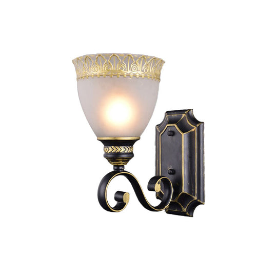 Traditional Black Bowl Wall Sconce With White Glass Shade - 1-Light Bedroom Light Fixture