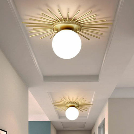 Sleek Opal Glass Semi-Flush Mount Ceiling Light For Foyer - Golden Sunburst Design