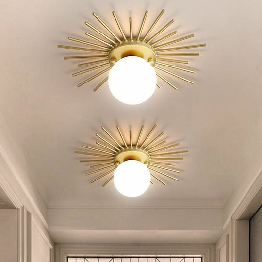 Sleek Opal Glass Semi-Flush Mount Ceiling Light For Foyer - Golden Sunburst Design