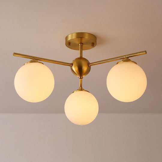 Simplicity Milk Glass Globe Semi Flush Mount Light - 3-Bulb Antiqued Gold Ceiling Fixture