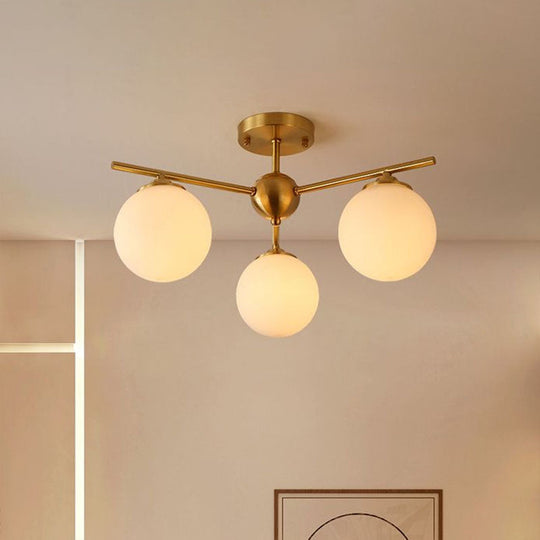 Simplicity Milk Glass Globe Semi Flush Mount Light - 3-Bulb Antiqued Gold Ceiling Fixture