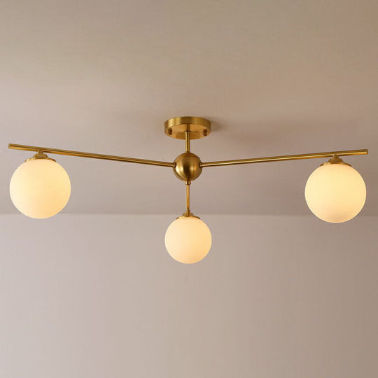 Simplicity Milk Glass Globe Semi Flush Mount Light - 3-Bulb Antiqued Gold Ceiling Fixture / Large