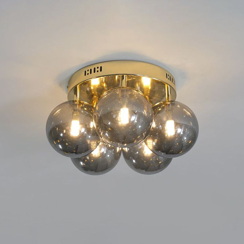 Postmodern Ball Smoke Grey Glass Ceiling Lamp with Gold Finish - Semi Flush Light Fixture (5 Lights)