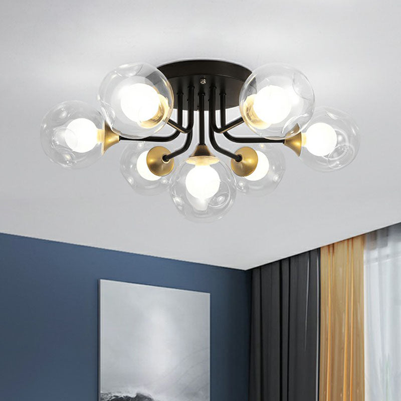 Modern Black Semi-Flush Mount Ceiling Light with Clear and Frosted White Glass Ball - Ideal for Corridors