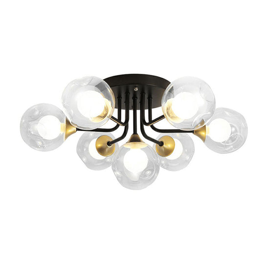 Modern Black Semi-Flush Mount Ceiling Light With Clear And Frosted White Glass Ball - Ideal For